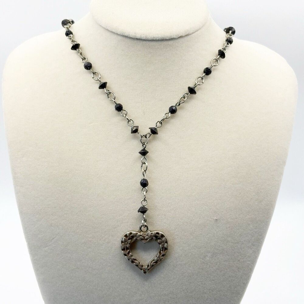 Silver Tone Black Bead Heart Pendant Y Necklace 16” Vintage 90s